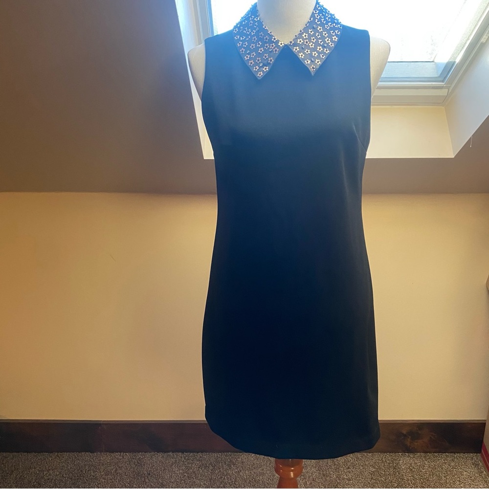 Betsey Johnson Black Shift Dress 8 Beaded Collar Rhinestone Studded spring